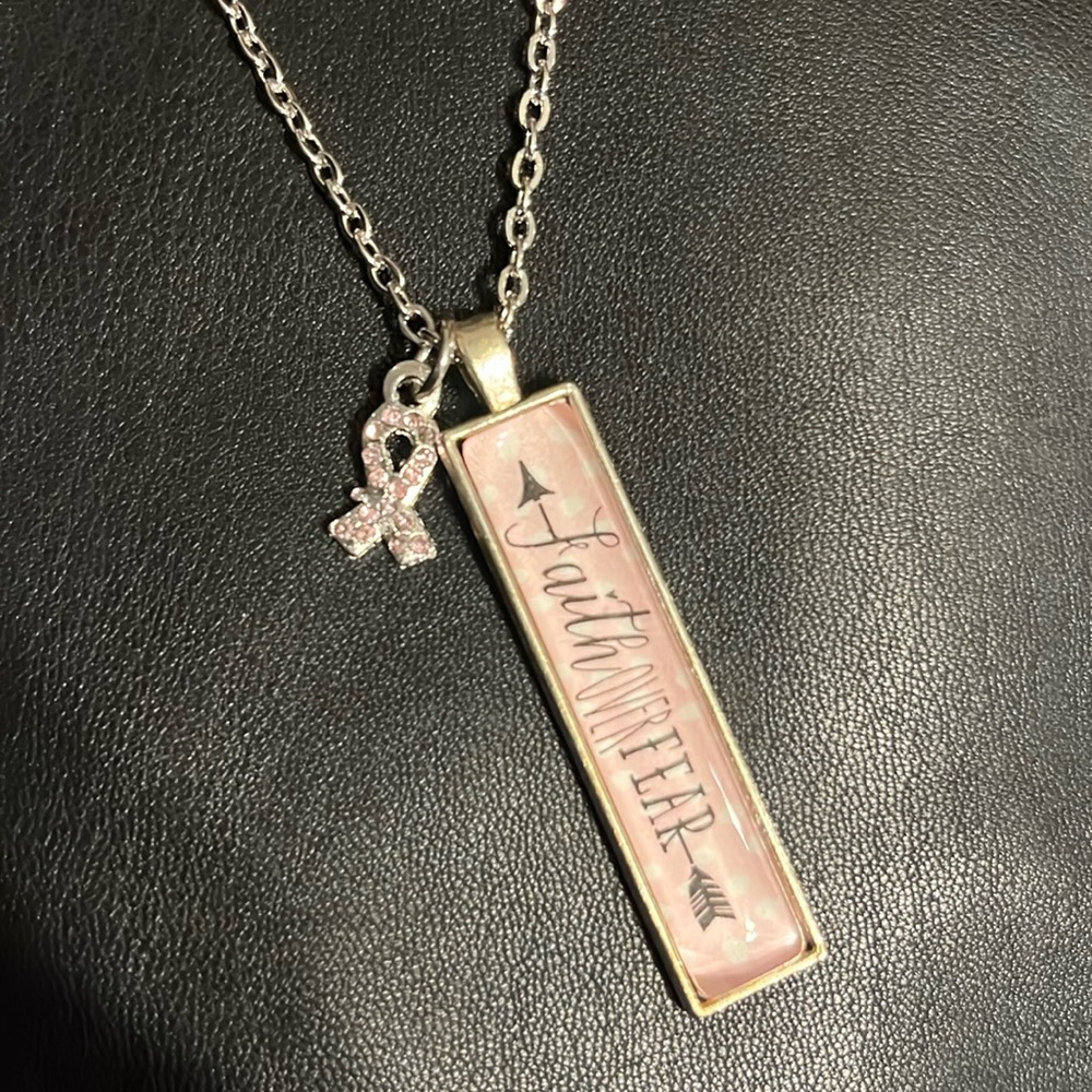 Faith Over Fear Breast Cancer Awareness Silvertone Pendant Necklace